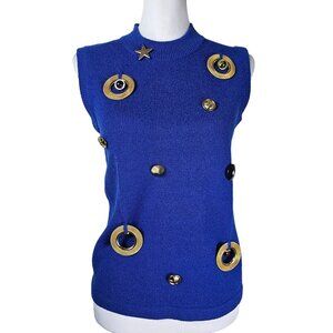 VTG Rich & Levy Blue Santana Knit Sleeveless Sweater Sz S Gold Pendant Accents